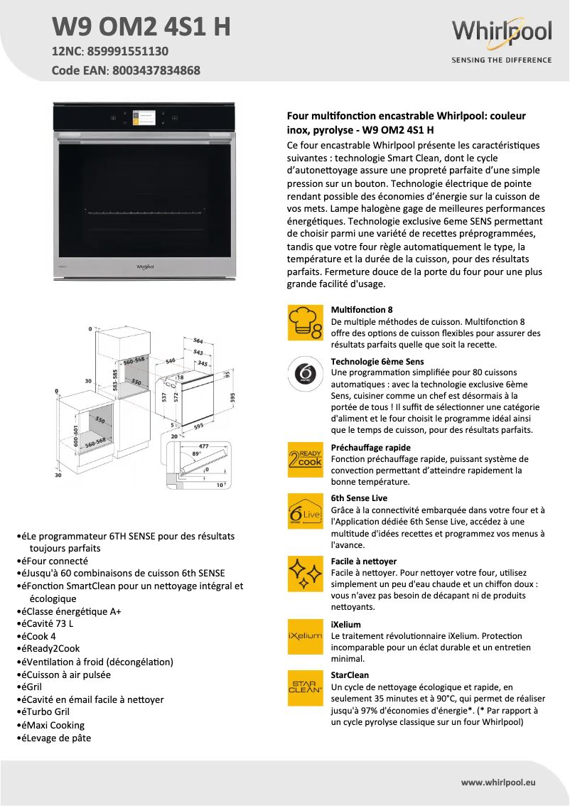 Page n°1 - Fiche technique Whirlpool W9 OM2 4S1 H