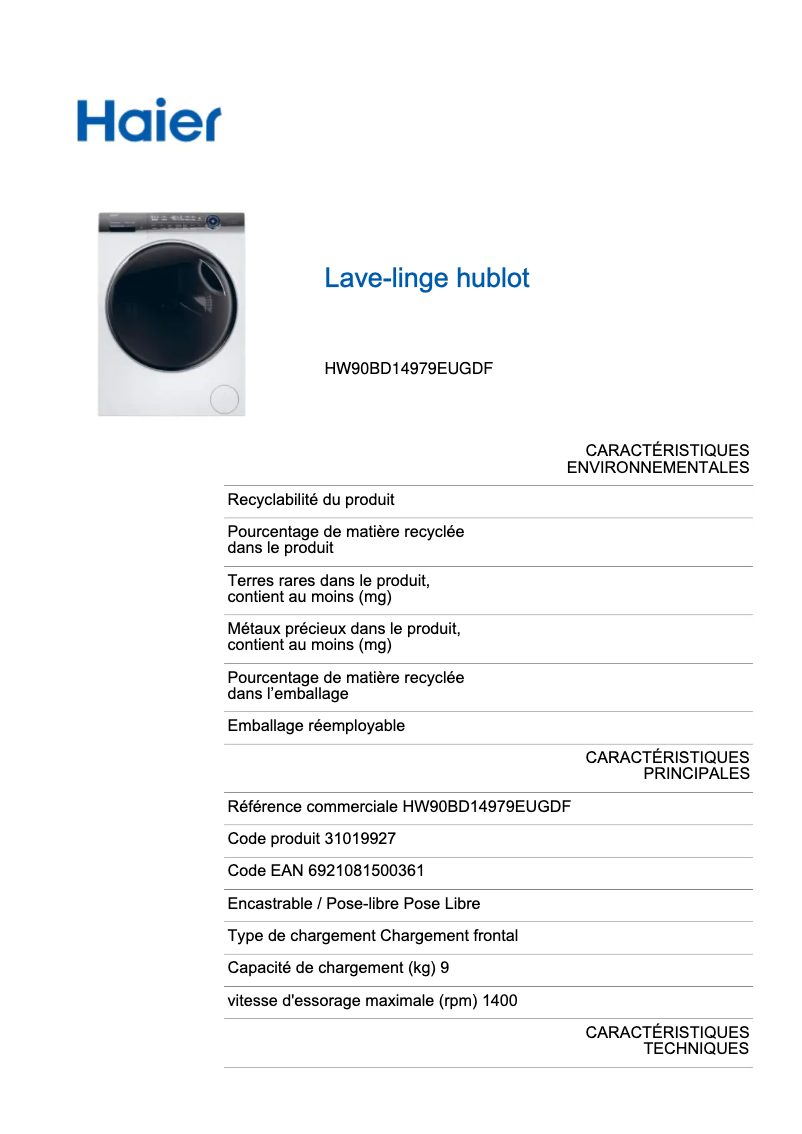 Page 1 de la notice Label énergétique Haier HW90-BD14979EU1