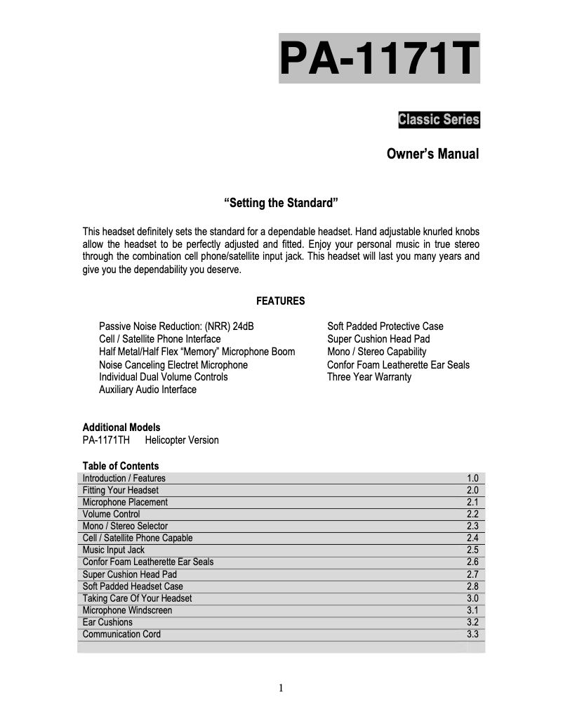 Page n°1 - Manuel utilisateur Pilot PA-1171TH