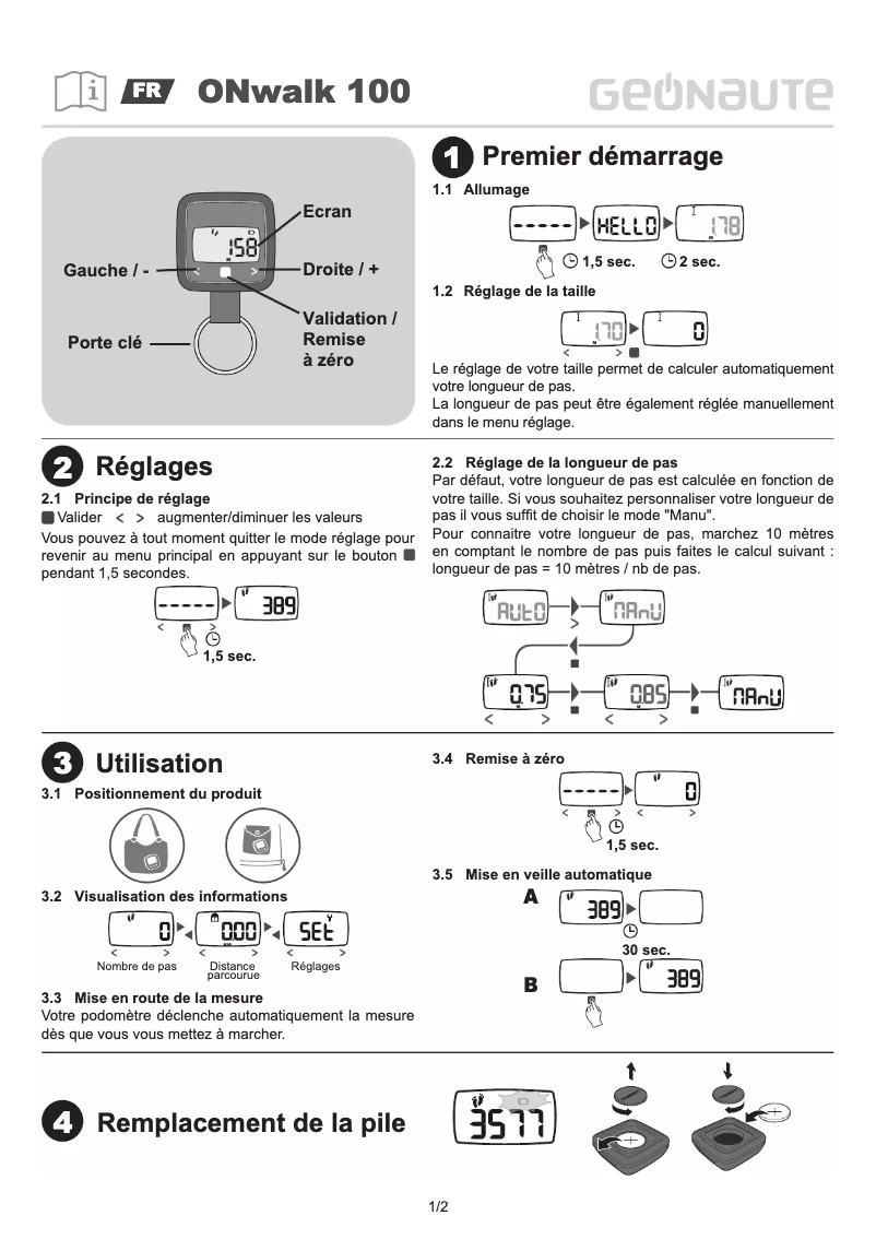 Page 1 de la notice Manuel utilisateur Geonaute ONwalk 100