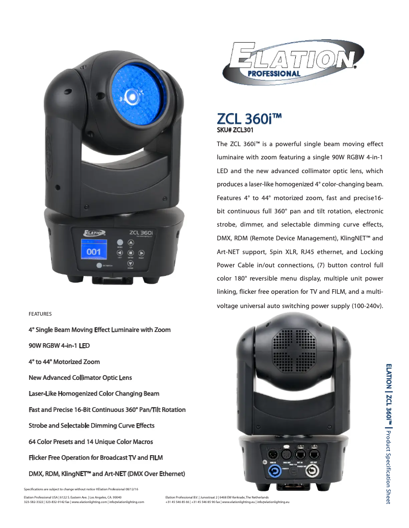 Page 1 de la notice Fiche technique Elation ZCL 360i