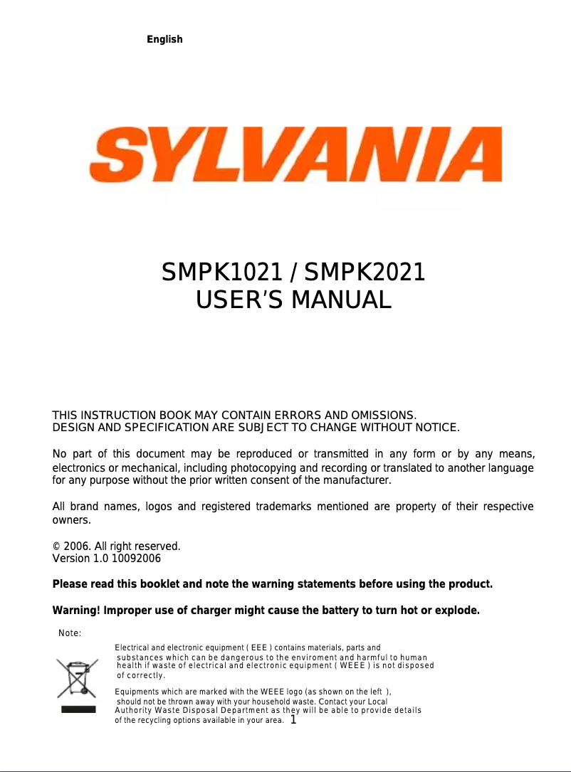Page 1 de la notice Manuel utilisateur Sylvania SMPK2021