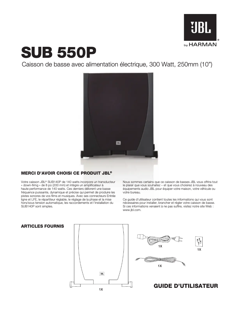 Page 1 de la notice Manuel utilisateur JBL SUB 550P