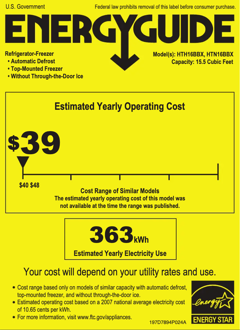 Page 1 de la notice Label énergétique Hotpoint HTH16BBXRWW