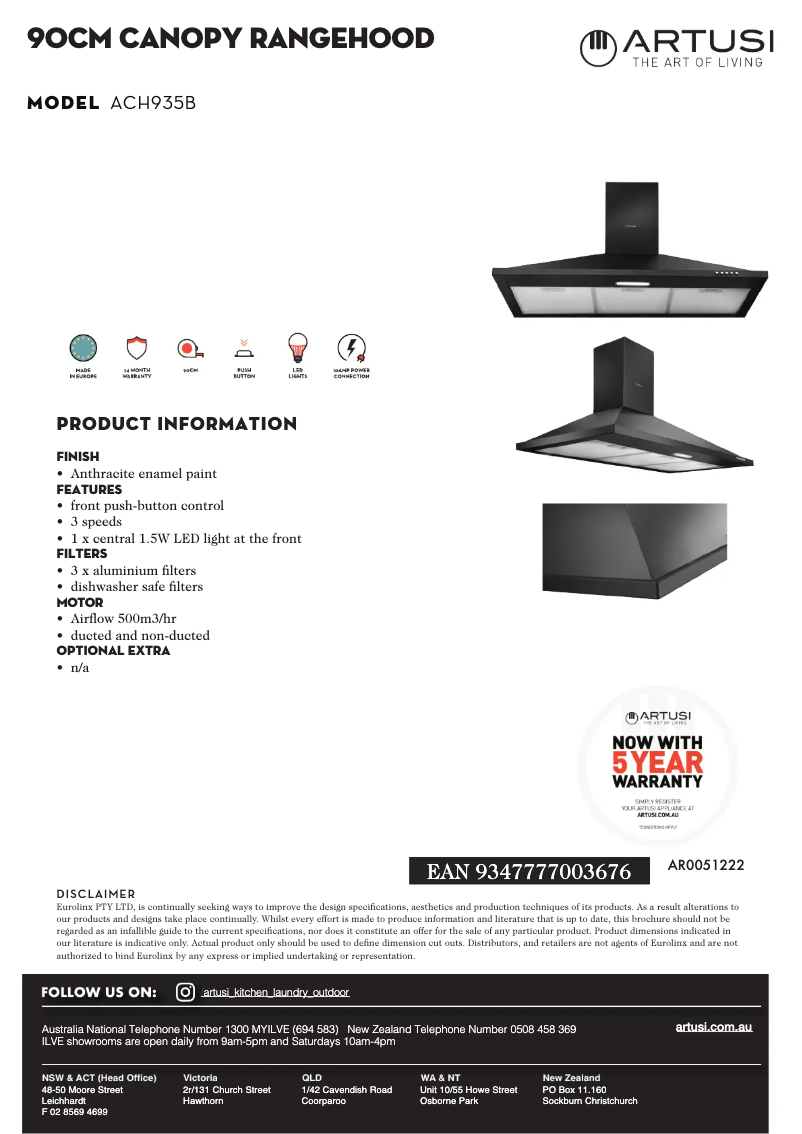 Page 1 de la notice Fiche technique Artusi ACH935B