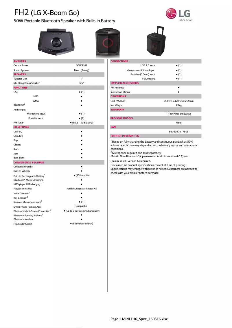 Página 1 del manual Ficha técnica LG LOUDR FH2
