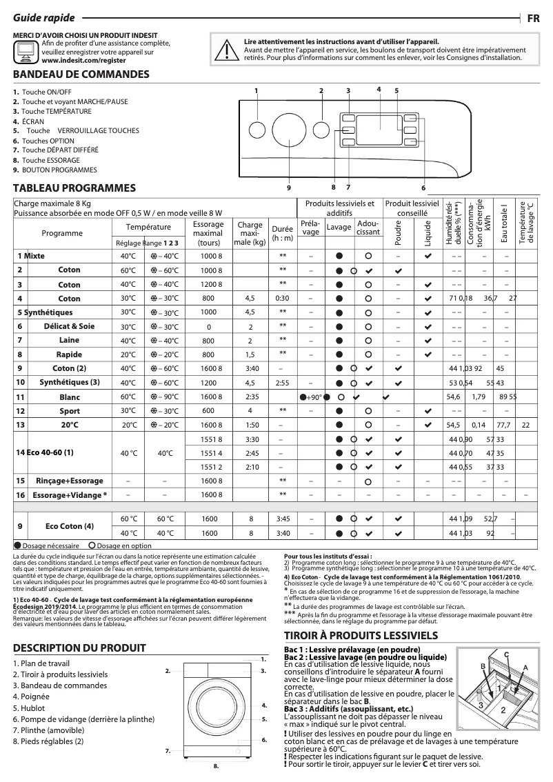 Page 1 de la notice Manuel utilisateur Indesit MTWE 81683 WK FR