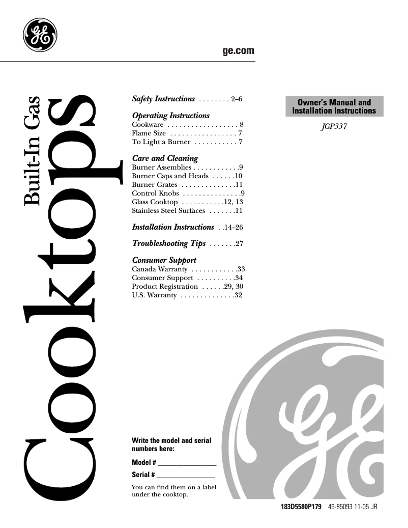 Page n°1 - Guide d'installation GE JGP337WEJWW