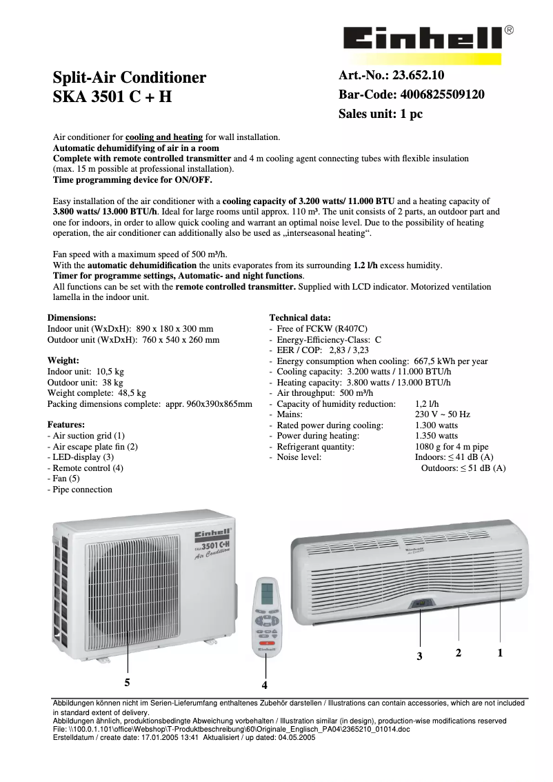 Page n°1 - Fiche technique Einhell SKA 3501 C+H
