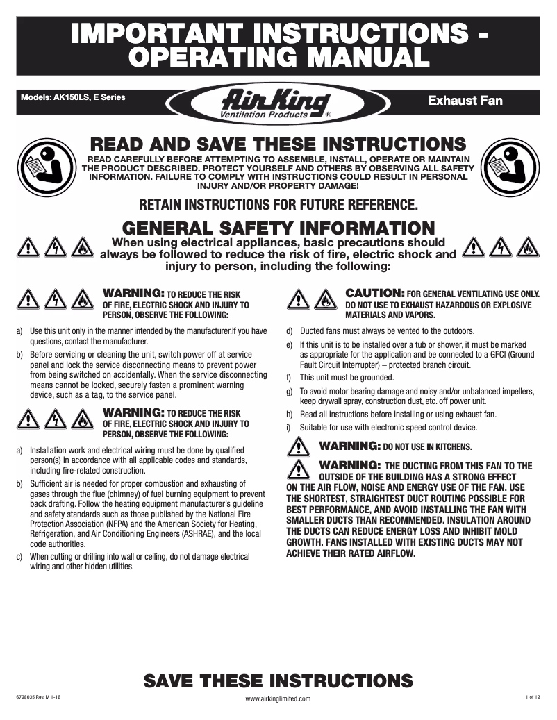 Page n°1 - Manuel utilisateur Air King AK150LS