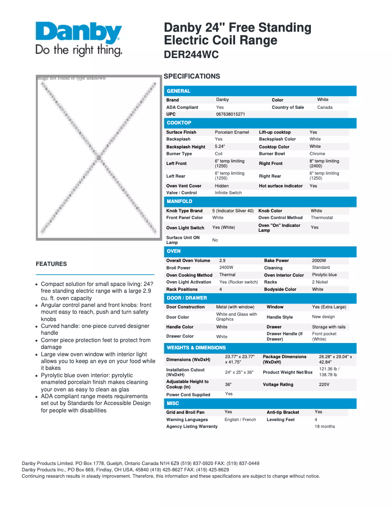 Página 1 del manual Ficha técnica Danby DER244WC