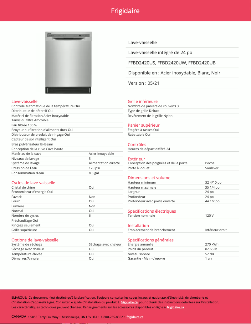 Page 1 de la notice Fiche technique Frigidaire FFBD2420US
