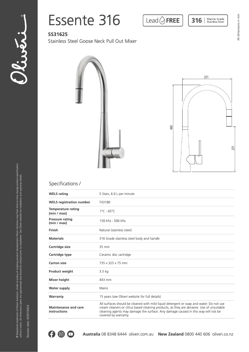 Page n°1 - Fiche technique Oliveri Essente SS31625