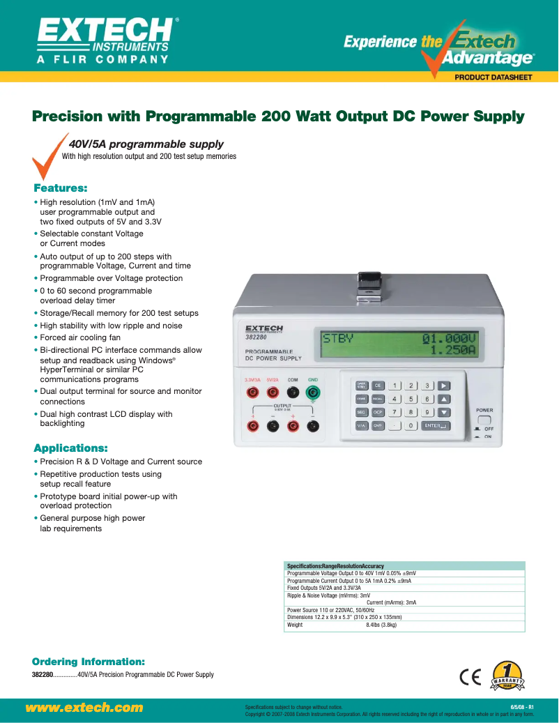 Page 1 de la notice Fiche technique Extech 382280