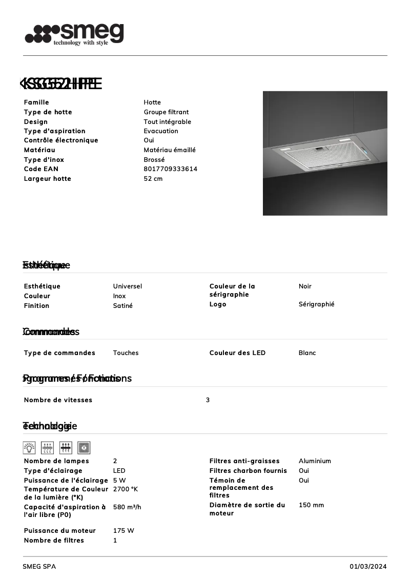 Page n°1 - Fiche technique Smeg KSG52HPE