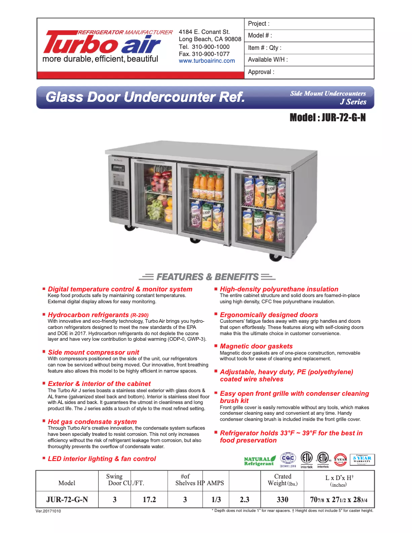 Page 1 de la notice Fiche technique Turbo air JUR-72-G