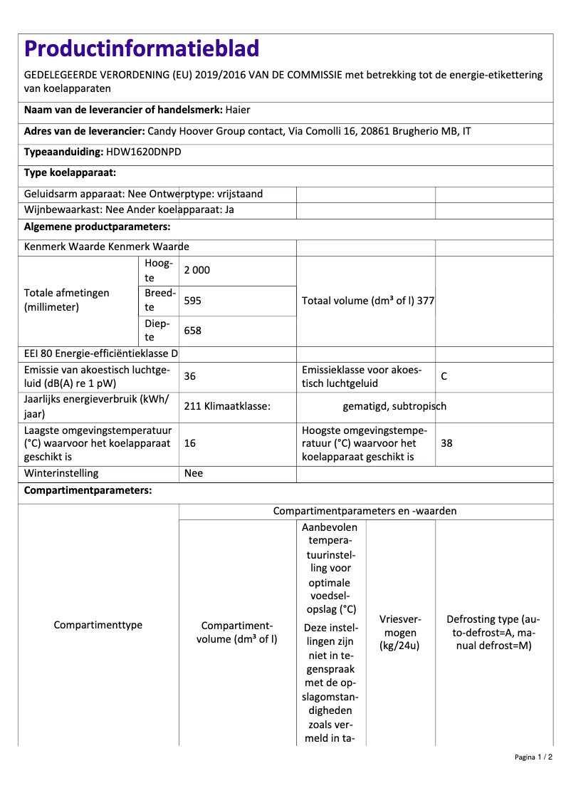 Page 1 de la notice Fiche technique Haier HDW1620DNPD