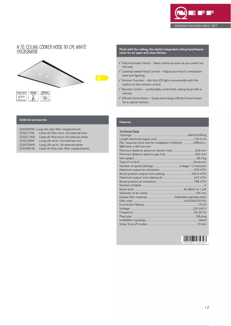 Page 1 de la notice Fiche technique Neff I95CBS8W0B