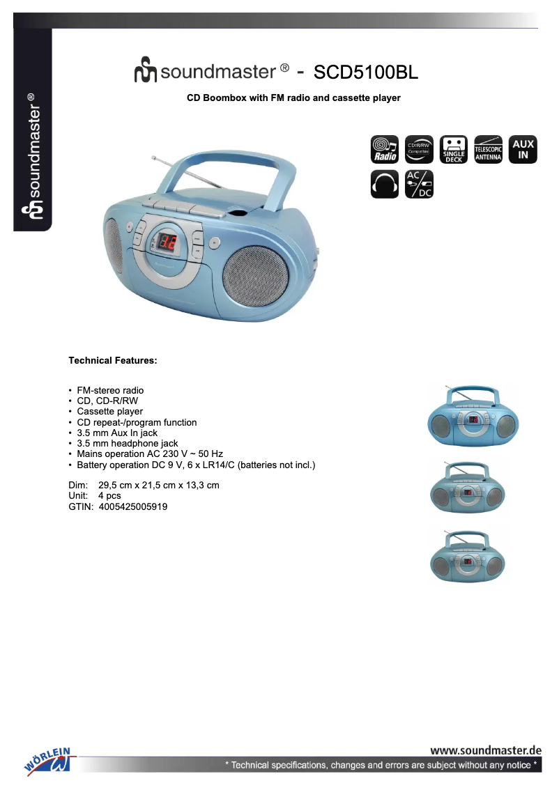 Page 1 de la notice Fiche technique Soundmaster SCD5100BL