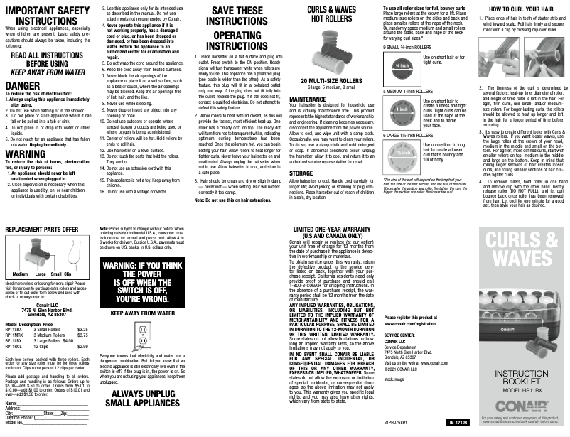 Page 1 de la notice Manuel utilisateur Conair Curls & Waves HS11RX