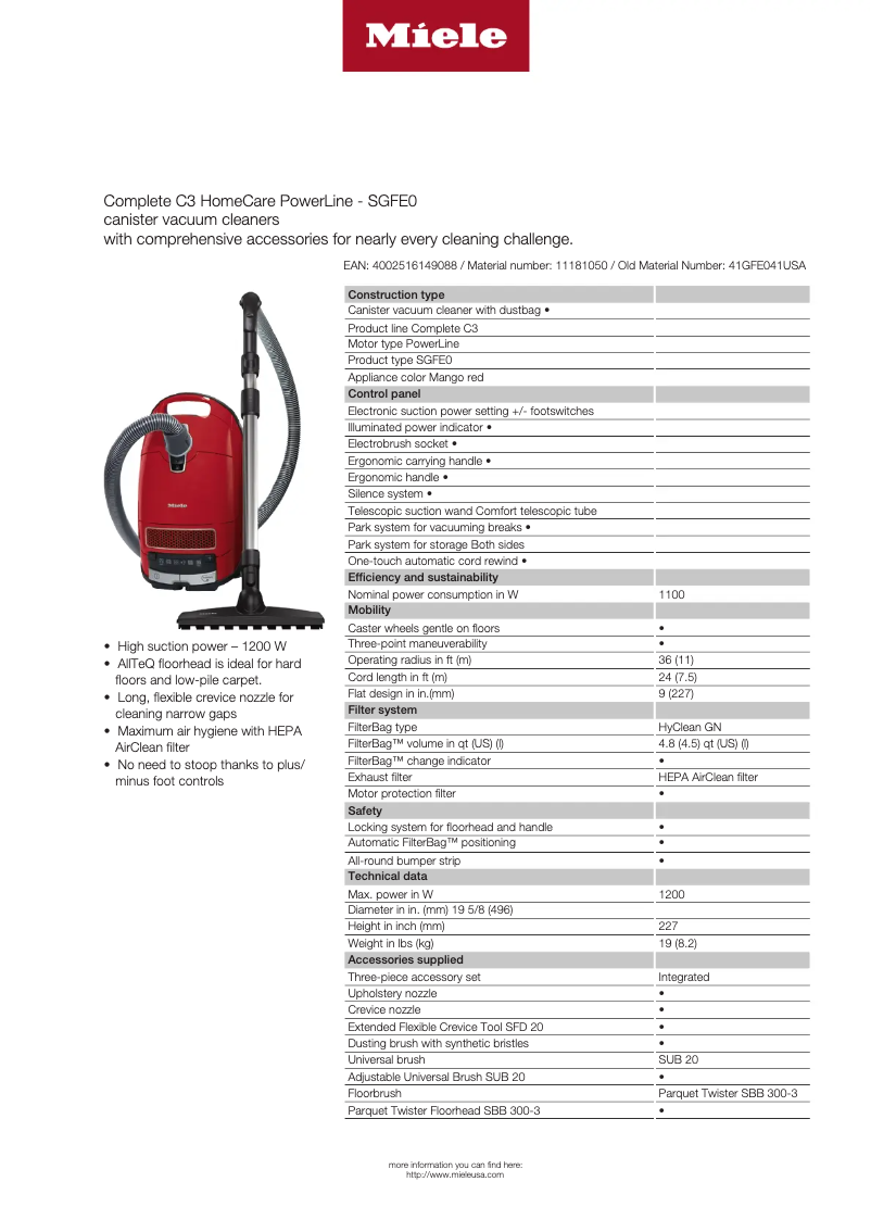 Page n°1 - Fiche technique Miele Complete C3 HomeCare