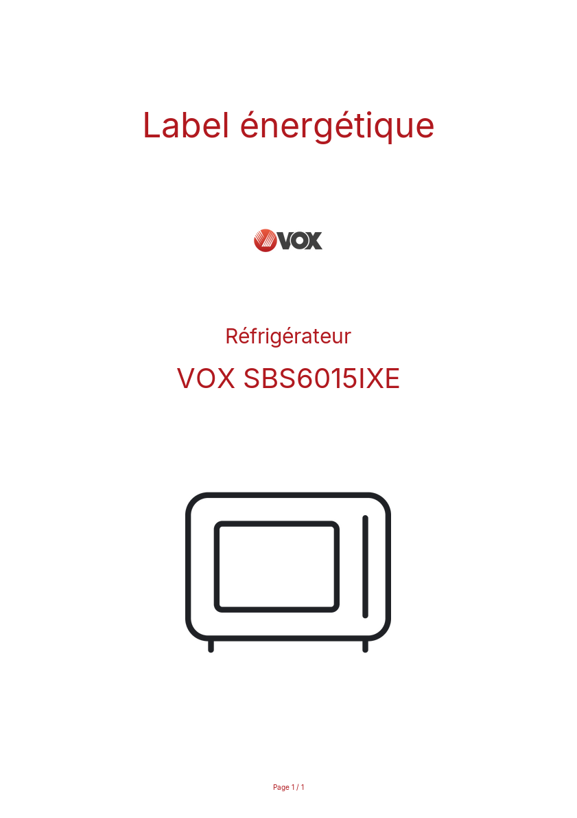 Page n°1 - Label énergétique VOX SBS6015IXE