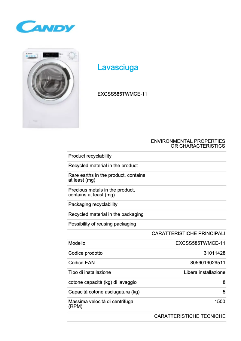 Page 1 de la notice Fiche technique Candy EXCSS585TWMCE-11