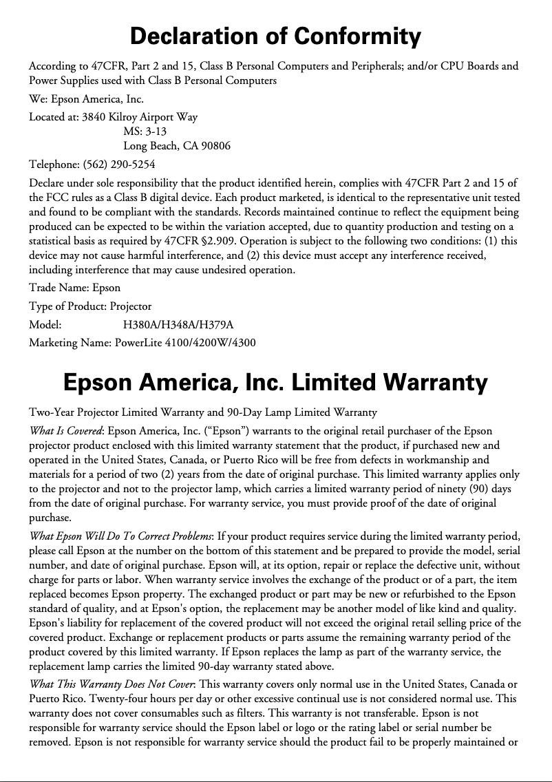 Page 1 de la notice Informations de garantie Epson PowerLite 4100