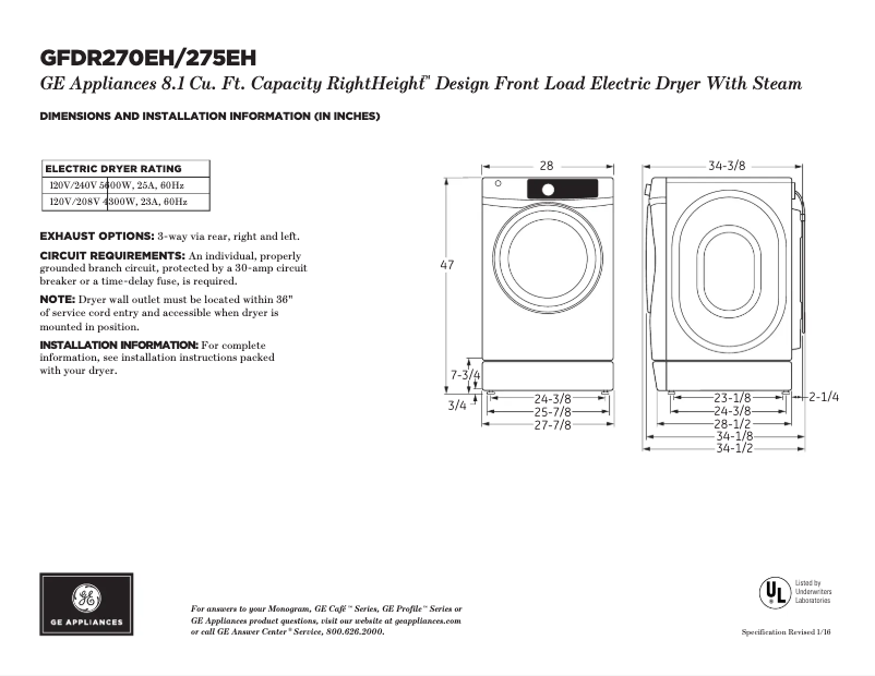 Page n°1 - Fiche technique GE GFDR275EHMC