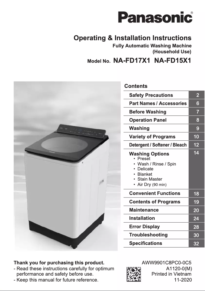 Page 1 de la notice Manuel utilisateur Panasonic NA-FD17X1