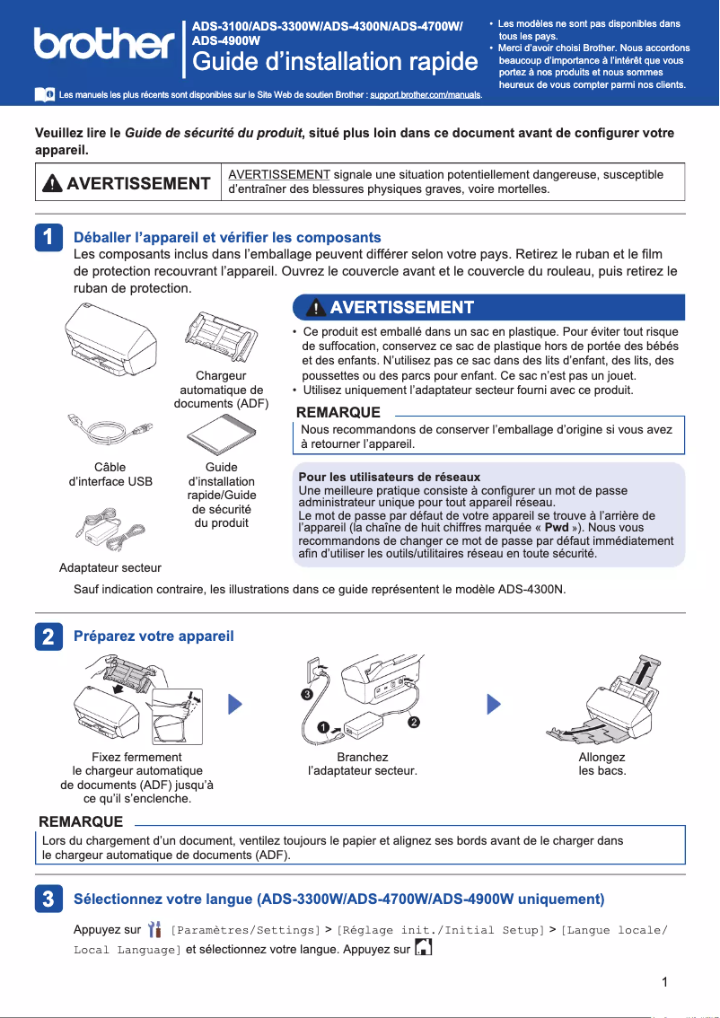 Page 1 de la notice Manuel utilisateur Brother ADS-3100