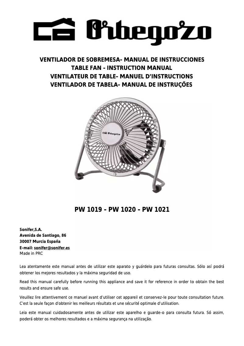 Page n°1 - Manuel utilisateur Orbegozo PW 1019