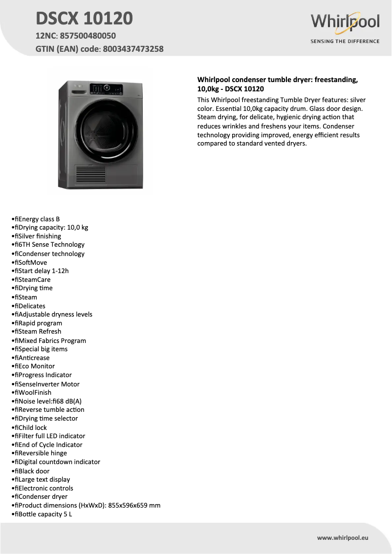 Page n°1 - Fiche technique Whirlpool DSCX 10120