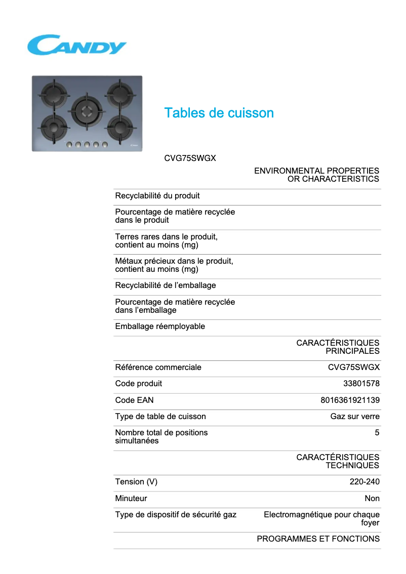 Image de la première page du manuel de l'appareil CVG75SWGX