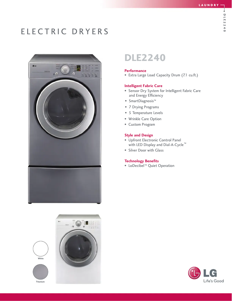 Page 1 de la notice Fiche technique LG DLE2240S