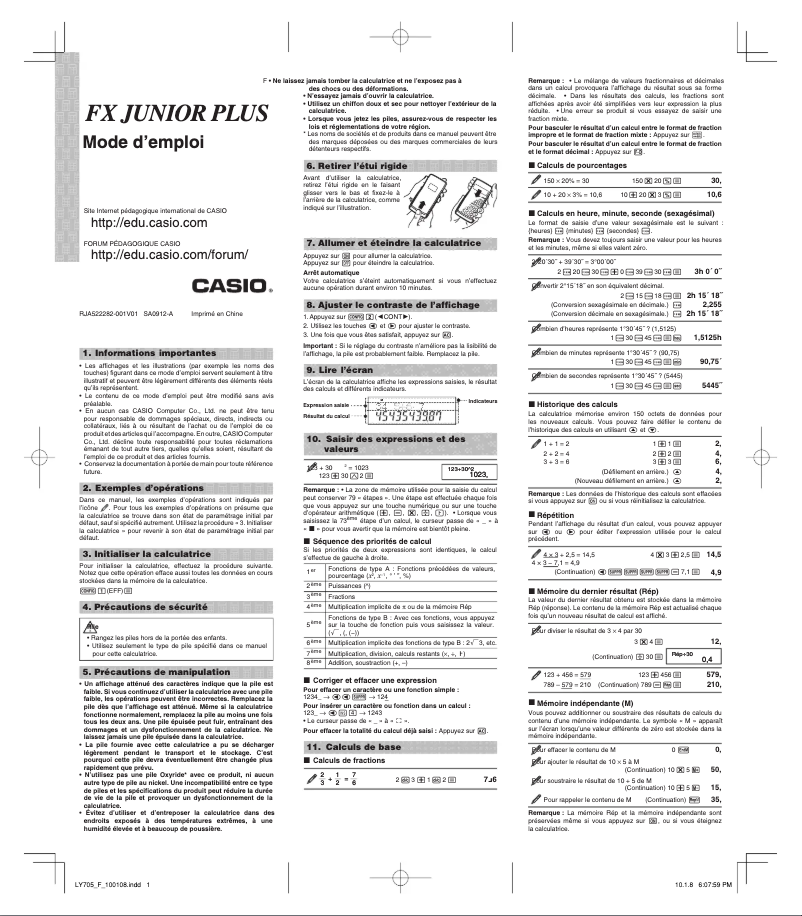Page 1 de la notice Manuel utilisateur Casio FX-Junior Plus