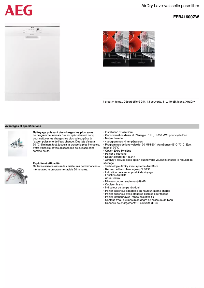 Page 1 de la notice Fiche technique AEG FFB41600ZW