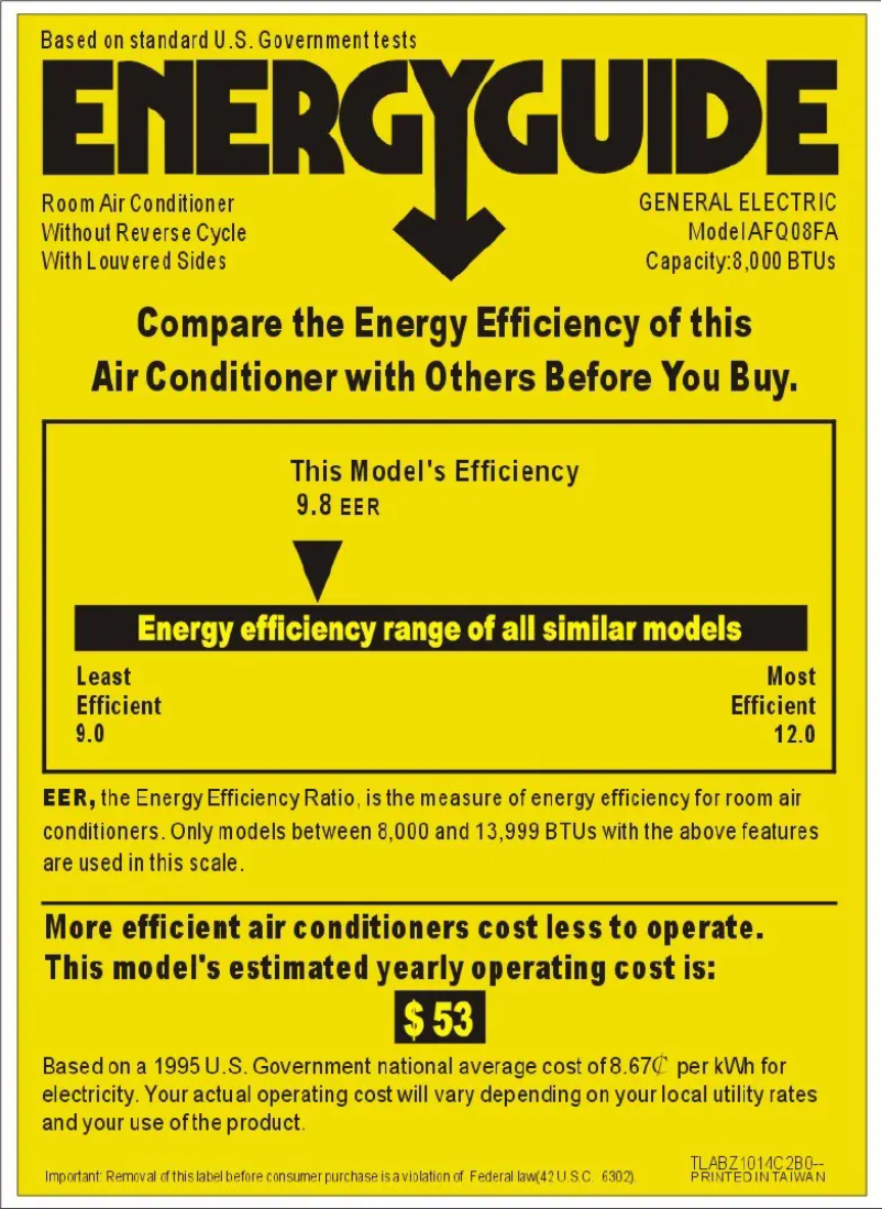Page 1 de la notice Label énergétique GE AFQ08FA