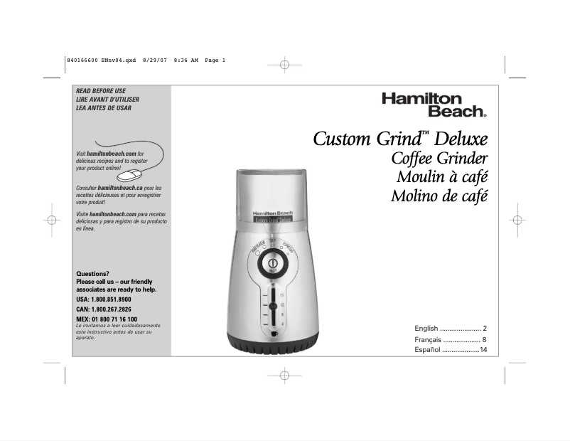 Page 1 de la notice Manuel utilisateur Hamilton Beach Custom Grind Deluxe 80374