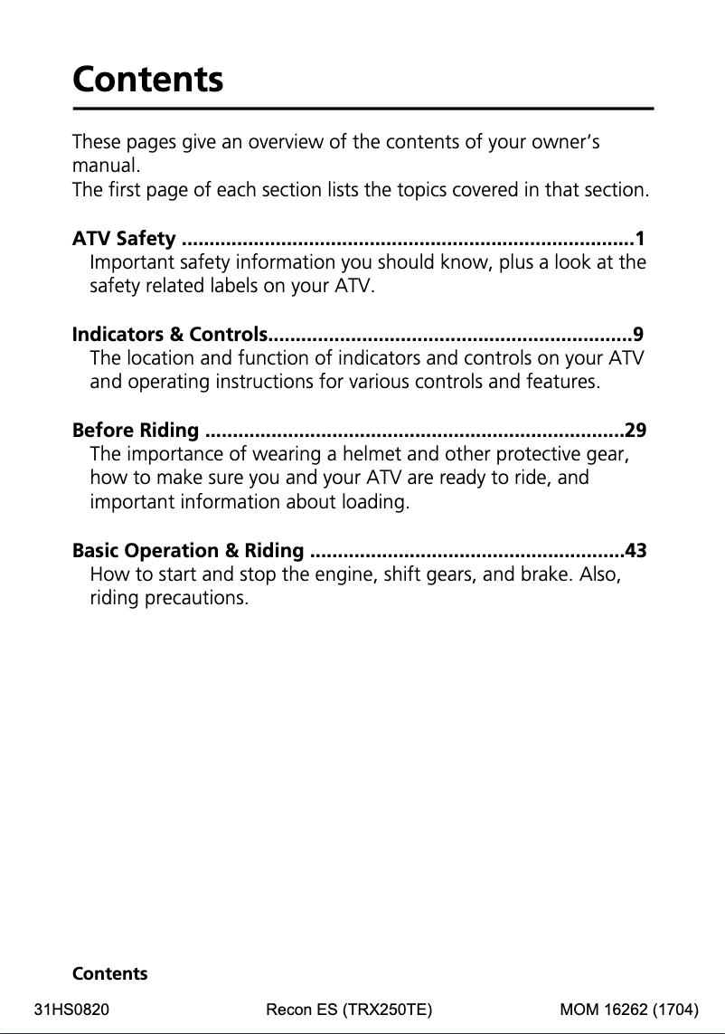 Page n°1 - Manuel utilisateur Honda FourTrax Recon ES TRX250TE (2018)