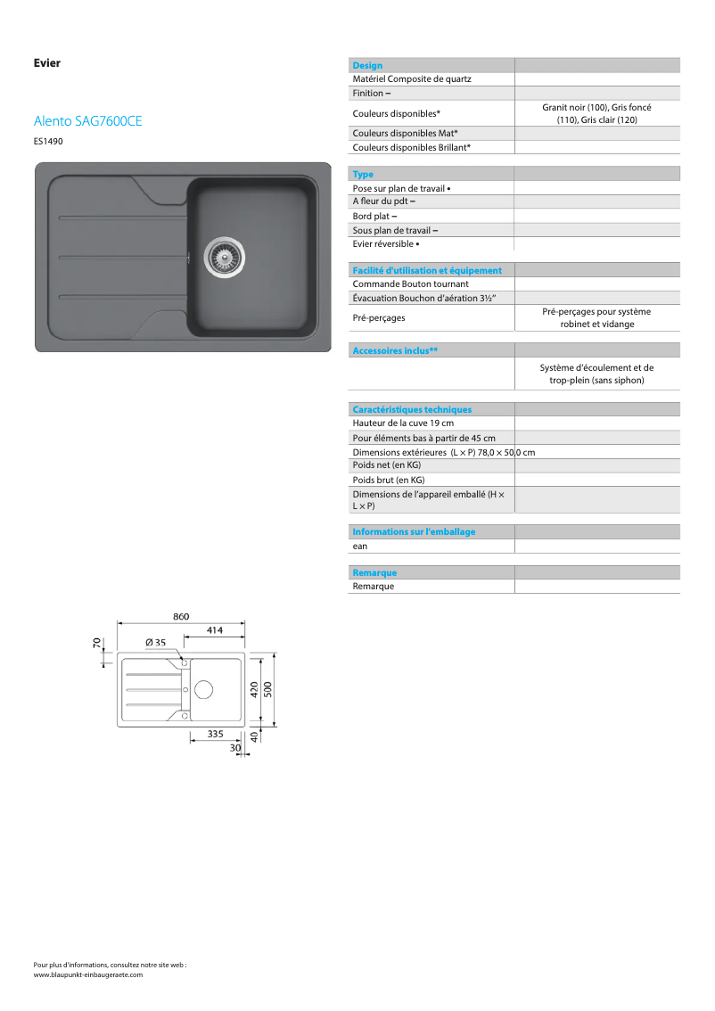 Page n°1 - Fiche technique Blaupunkt Alento SAG7600CE