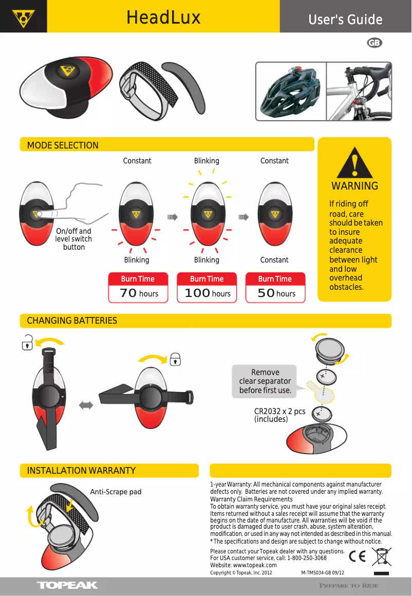 Page 1 de la notice Manuel utilisateur Topeak HeadLux