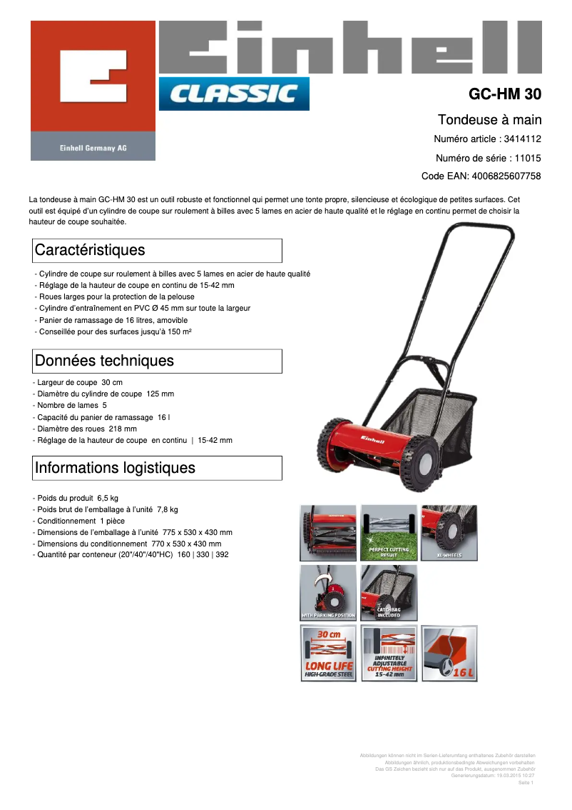 Page 1 de la notice Fiche technique Einhell GC-HM 30