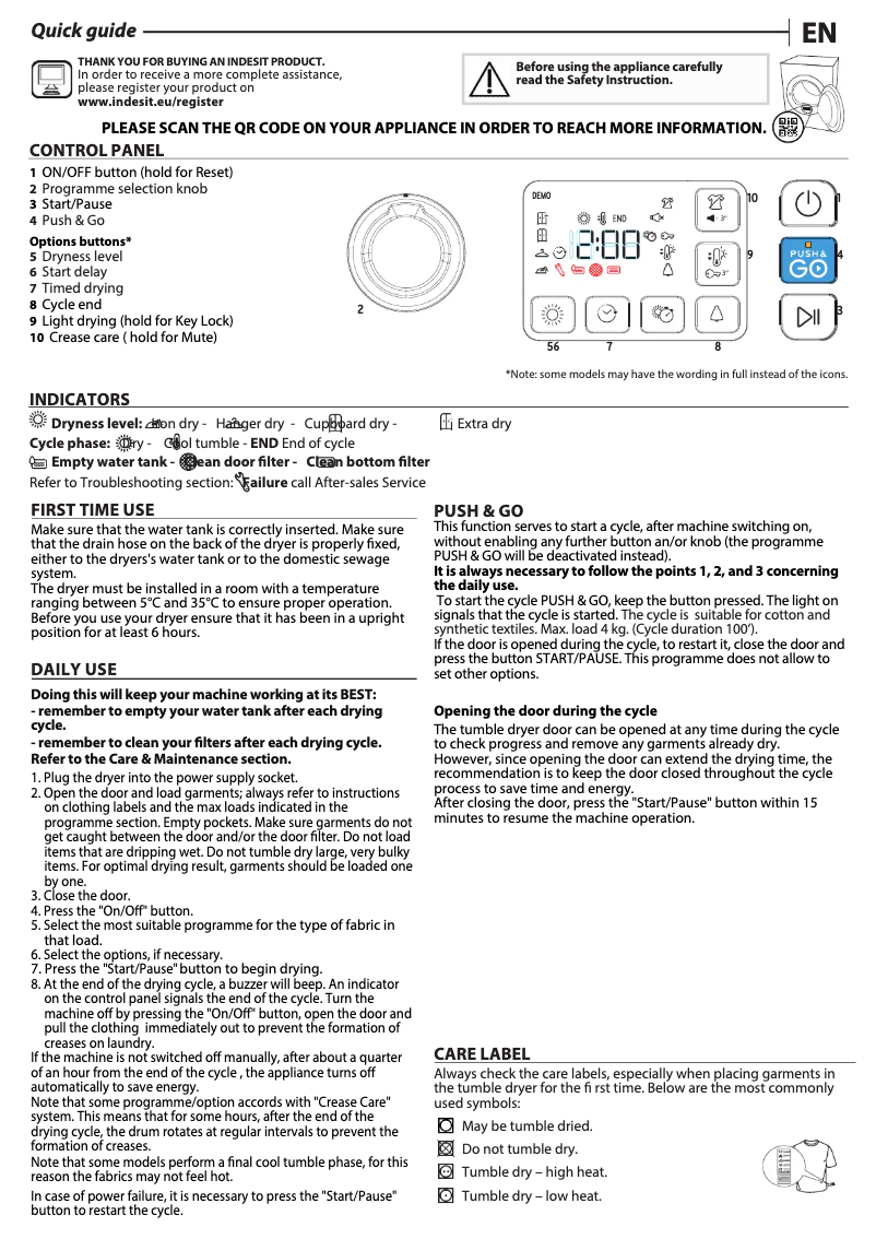 Page 1 de la notice Guide d'installation Indesit YT M11 83K RX EU
