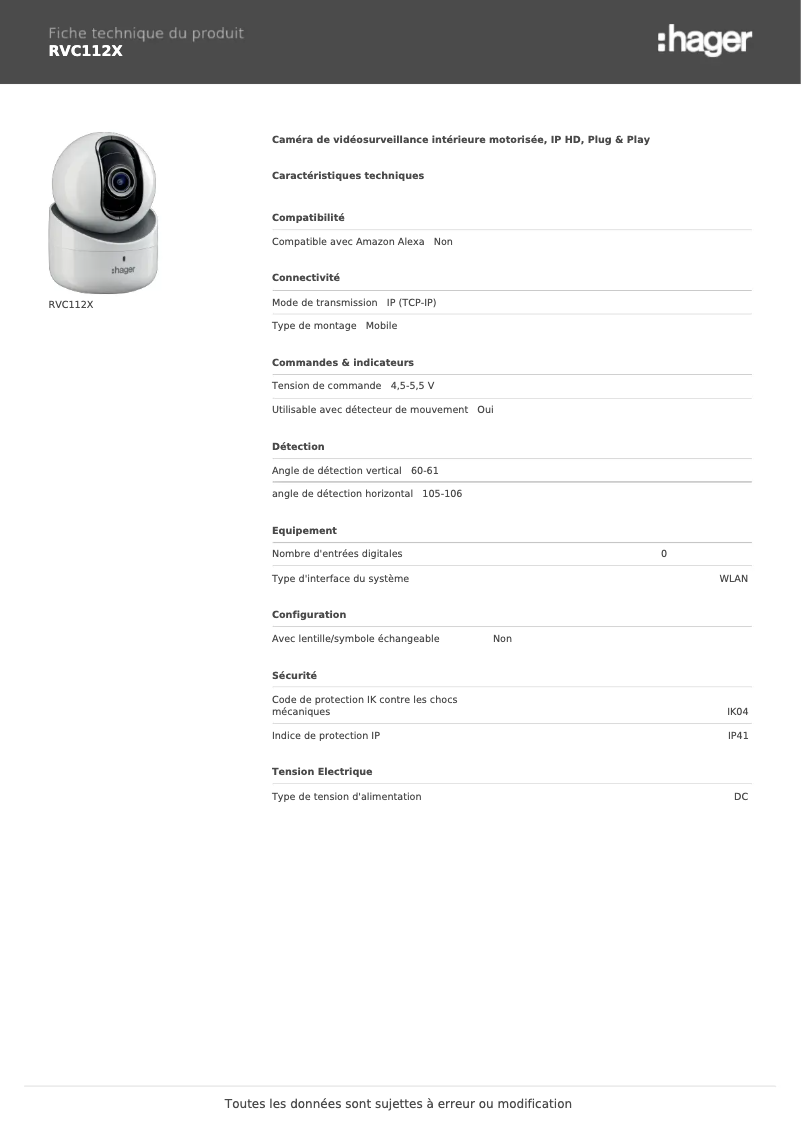 Page 1 de la notice Fiche technique Hager RVC112X