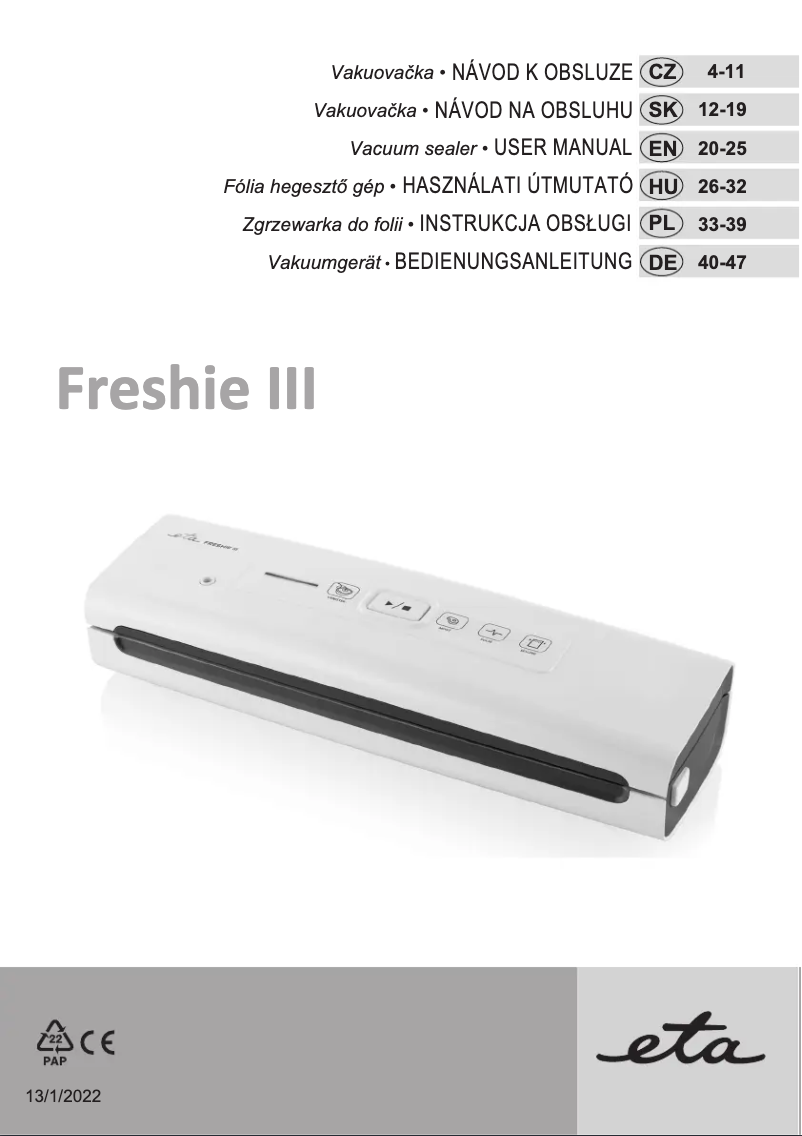 Page 1 de la notice Manuel utilisateur Eta Freshie III