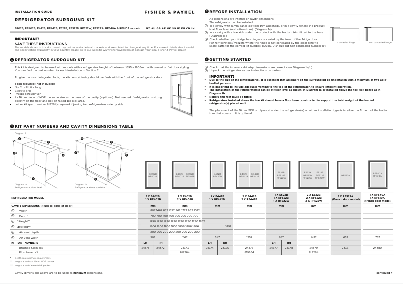 Page n°1 - Guide d'installation Fisher & Paykel RF522WDRX4