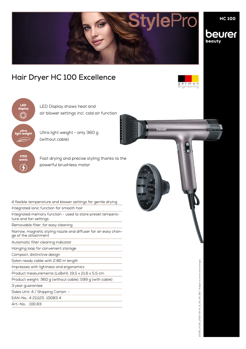 Page 1 de la notice Fiche technique Beurer HC 100 Excellence