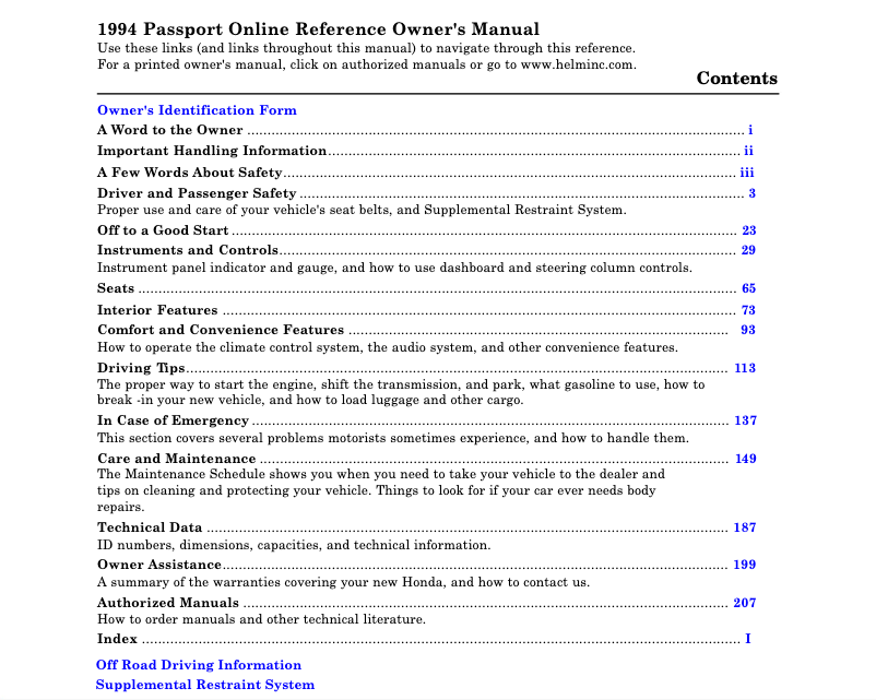 Page 1 de la notice Manuel utilisateur Honda Passport (1994)