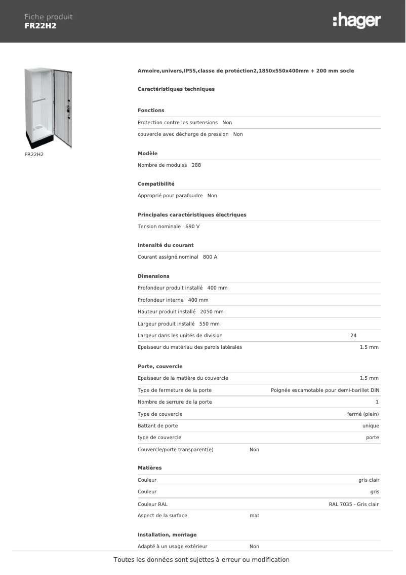 Page n°1 - Fiche technique Hager FR22H2